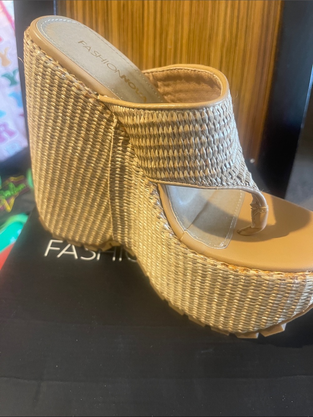 Fashion Nova Tan Woven Platform Wedge Slides